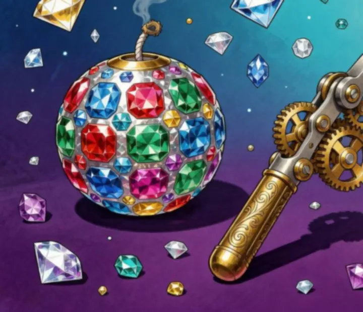 Booster ikonok és match 3 pálya illusztráció a Jewels Legend játékból