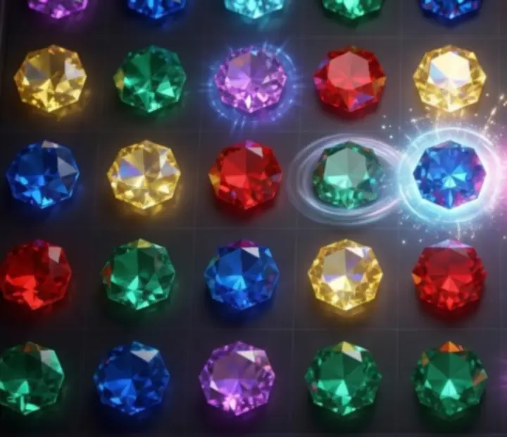 Jewels Legend Match 3 mechanikát bemutató pálya, ahol három vagy több azonos ékkő egy sorba rendeződik